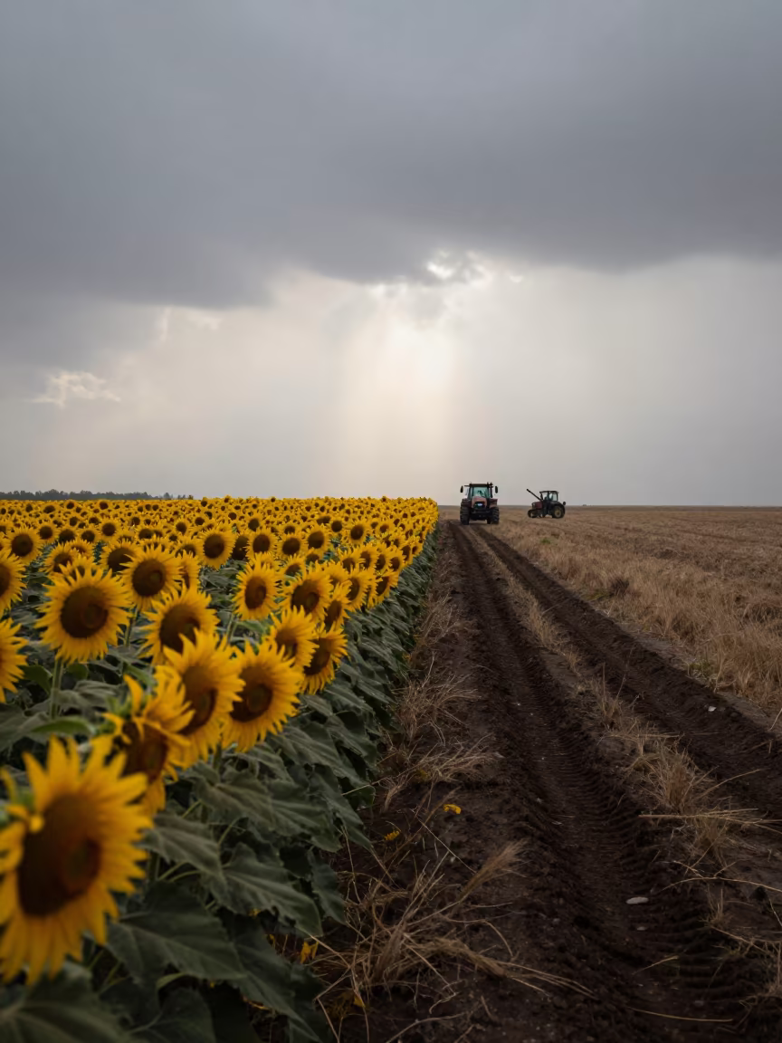 Silhouetted Sunflowers Storm Light Overcast Field in beside a tractor track through dark soil near Semey