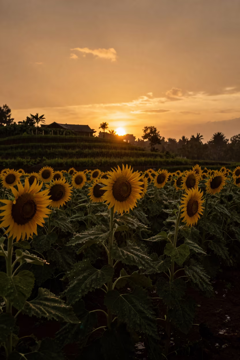 Silhouetted Sunflowers in Terraced Garden in among terraced garden plots near Yogyakarta