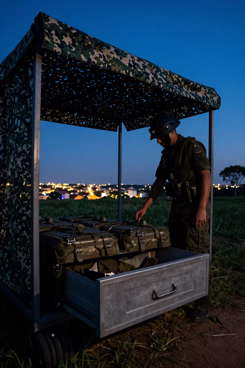 Silhouetted Supply Bag Drawer Under Camo Net in beneath a camouflage net shelter in Curitiba