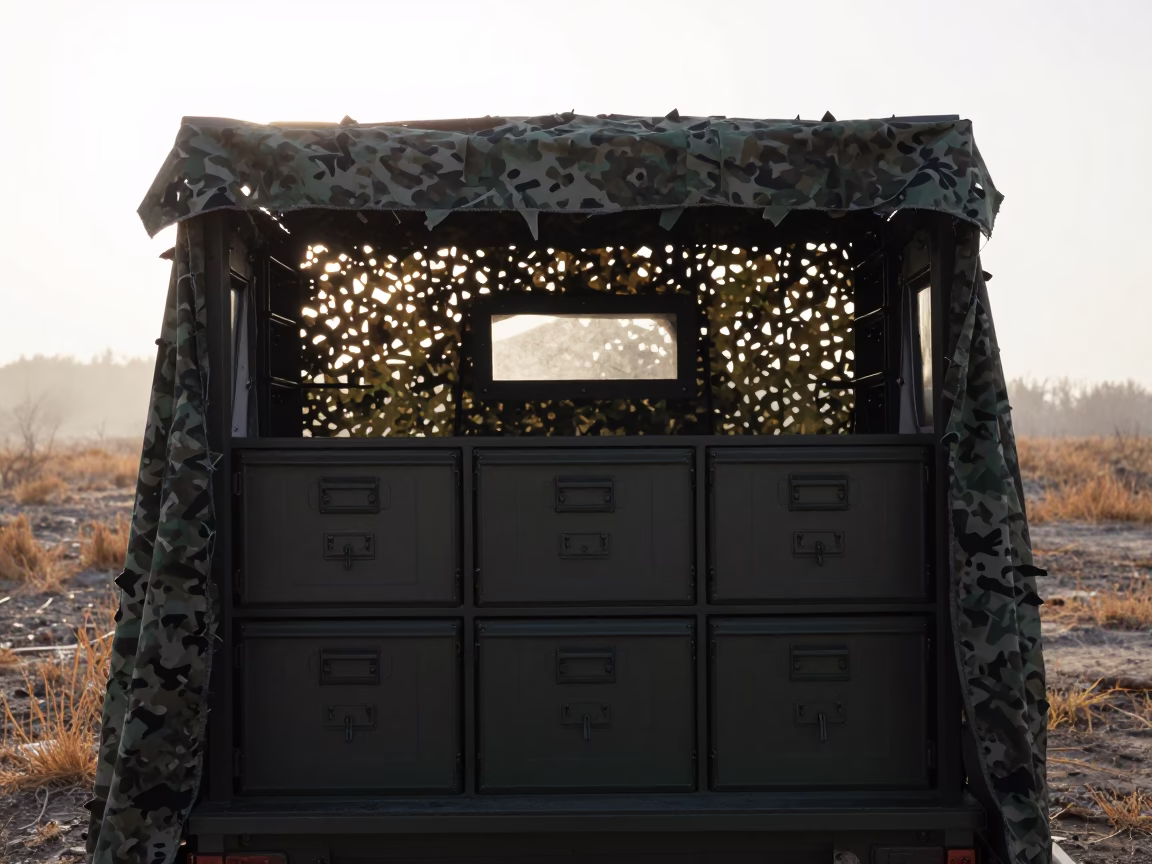 Silhouetted Supply Drawer Under Netting in beneath a camouflage net shelter near Xining