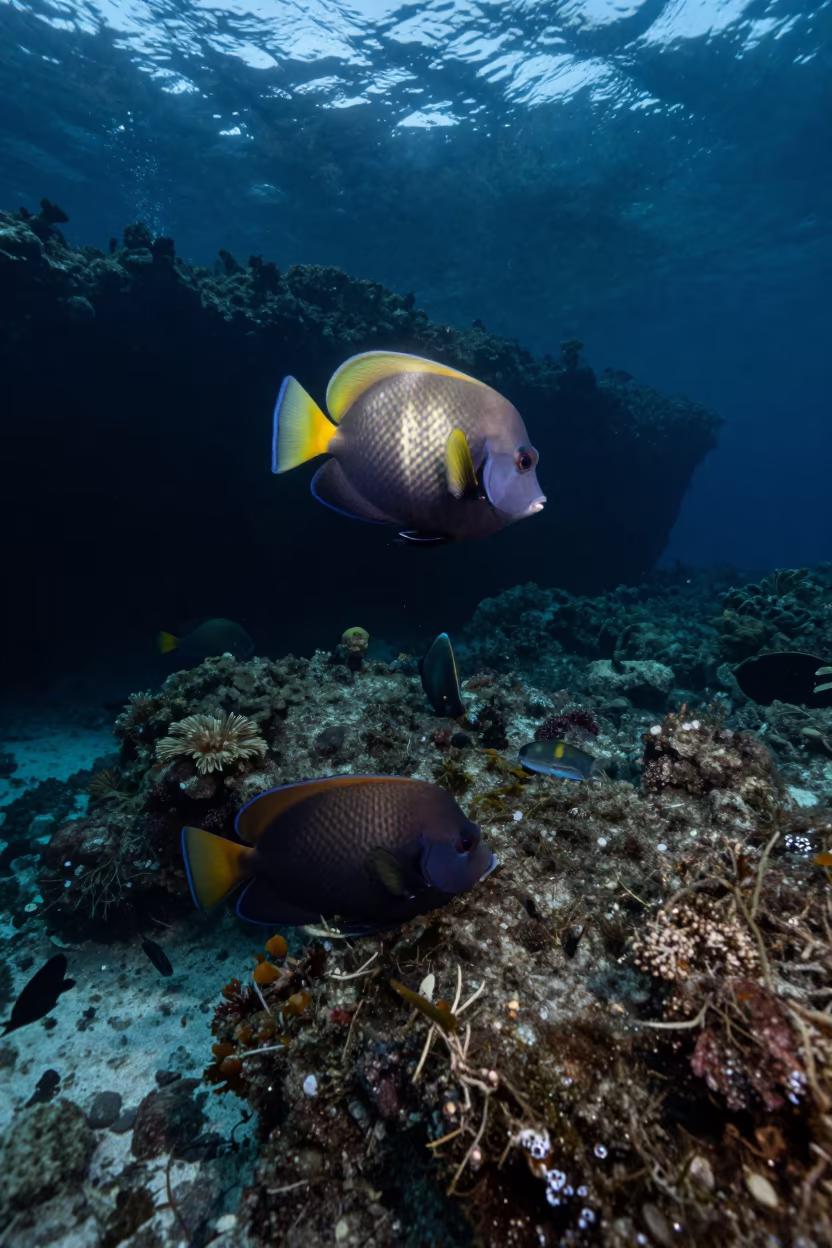 Silhouetted Surgeonfish Grazing Under Belize Reef in beneath a reef ledge in tropical shallows near Belize City