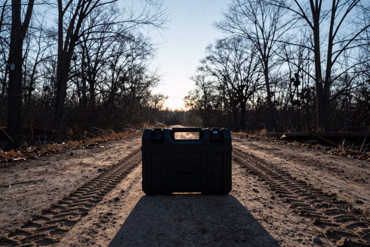 Silhouetted Survey Prism Case on Muddy Connecticut Road in at a muddy site access road in Connecticut