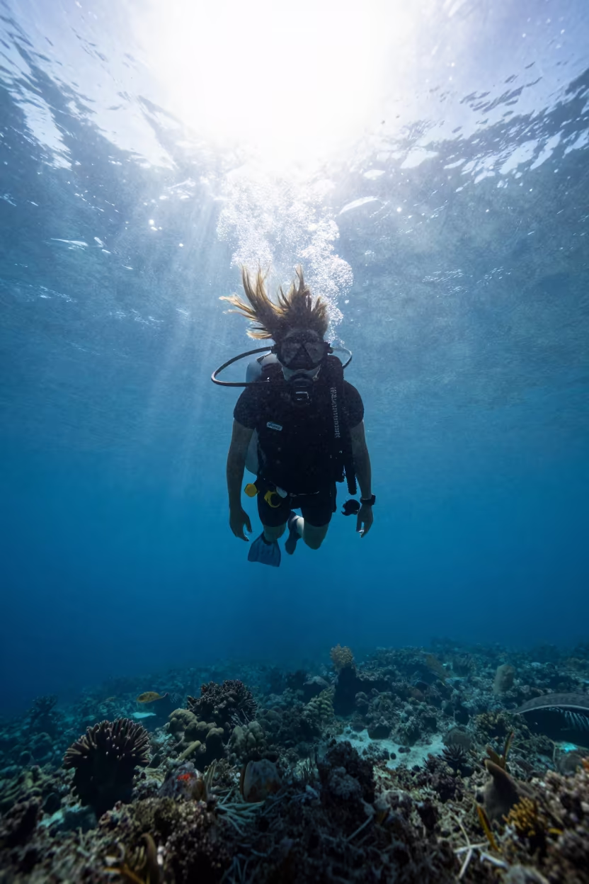 Silhouetted Surveyor Beneath Reef Ledge in Cairns in beneath a reef ledge in tropical shallows near Cairns