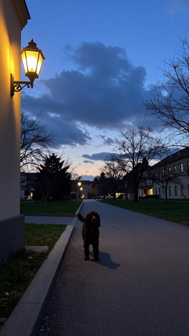 Silhouetted Sussex Spaniel on Brno Park Path in along a quiet park path with soft open shade and a clean background in Brno
