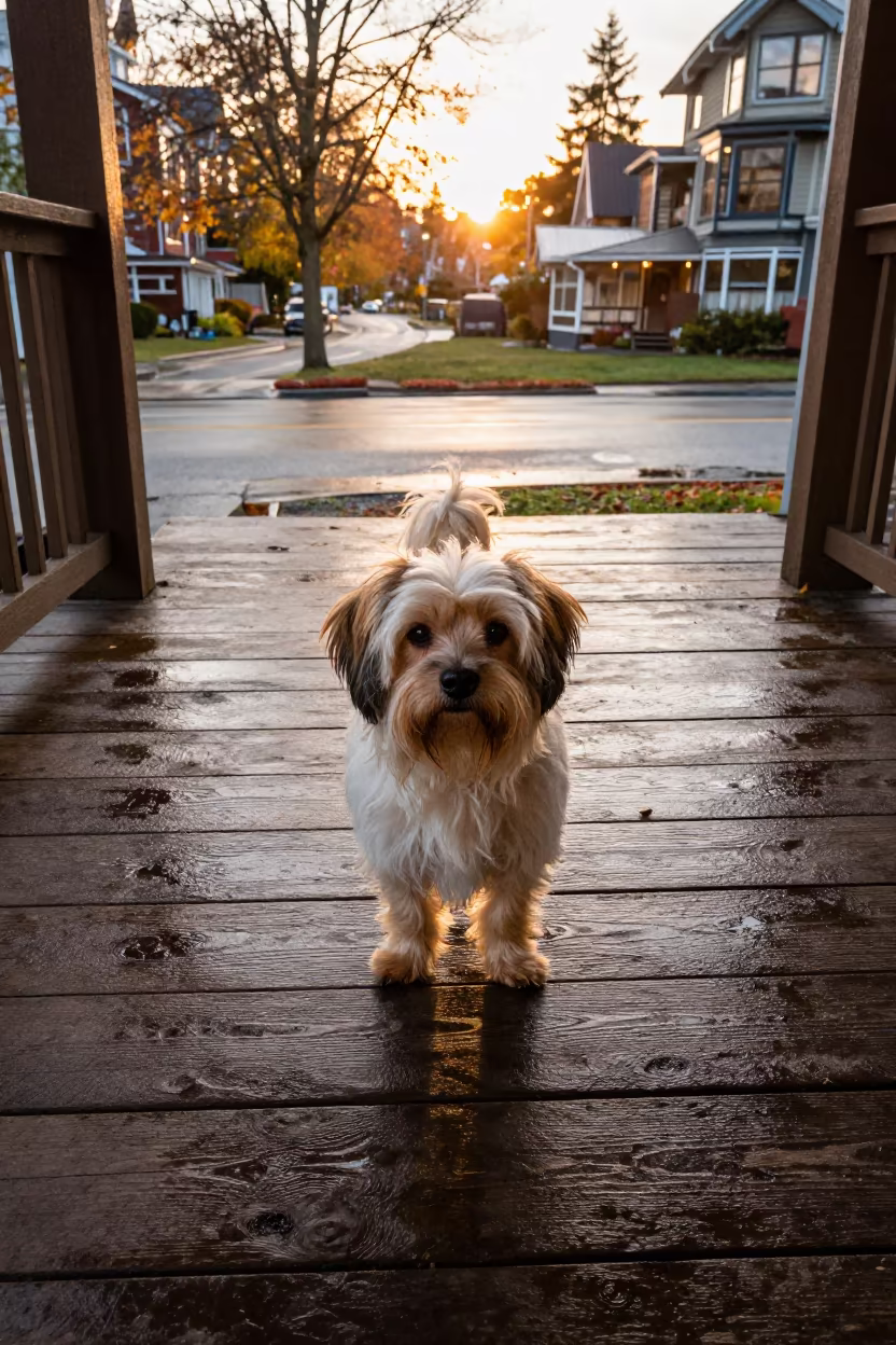 Silhouetted Sussex Spaniel on Gastown Porch in on a shaded front porch with boards, railings, and eye-level framing in Gastown, Vancouver