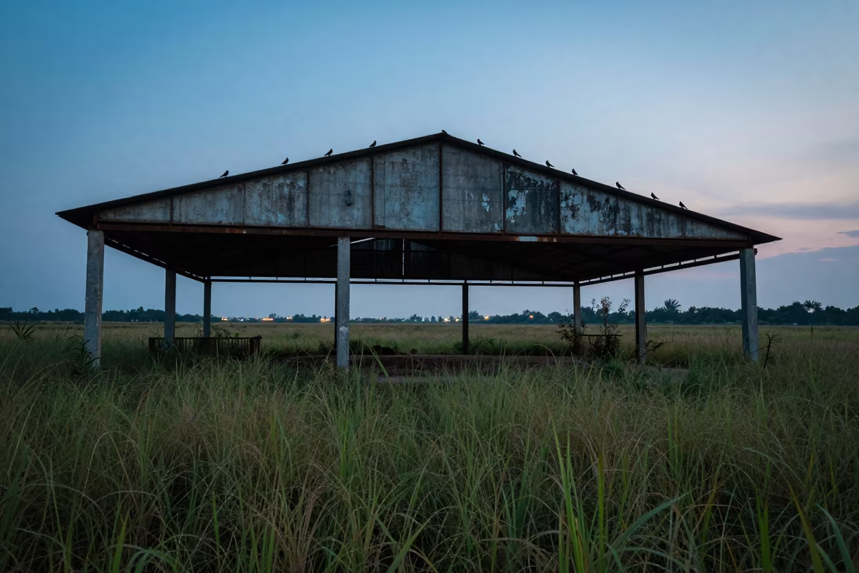 Silhouetted Swallows in Thai Hangar Ruins in through a courtyard reclaimed by grasses in Thailand