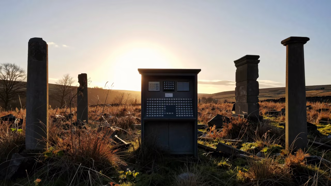 Silhouetted Switchboards in Yorkshire Ruins in among toppled columns and nettles in Yorkshire