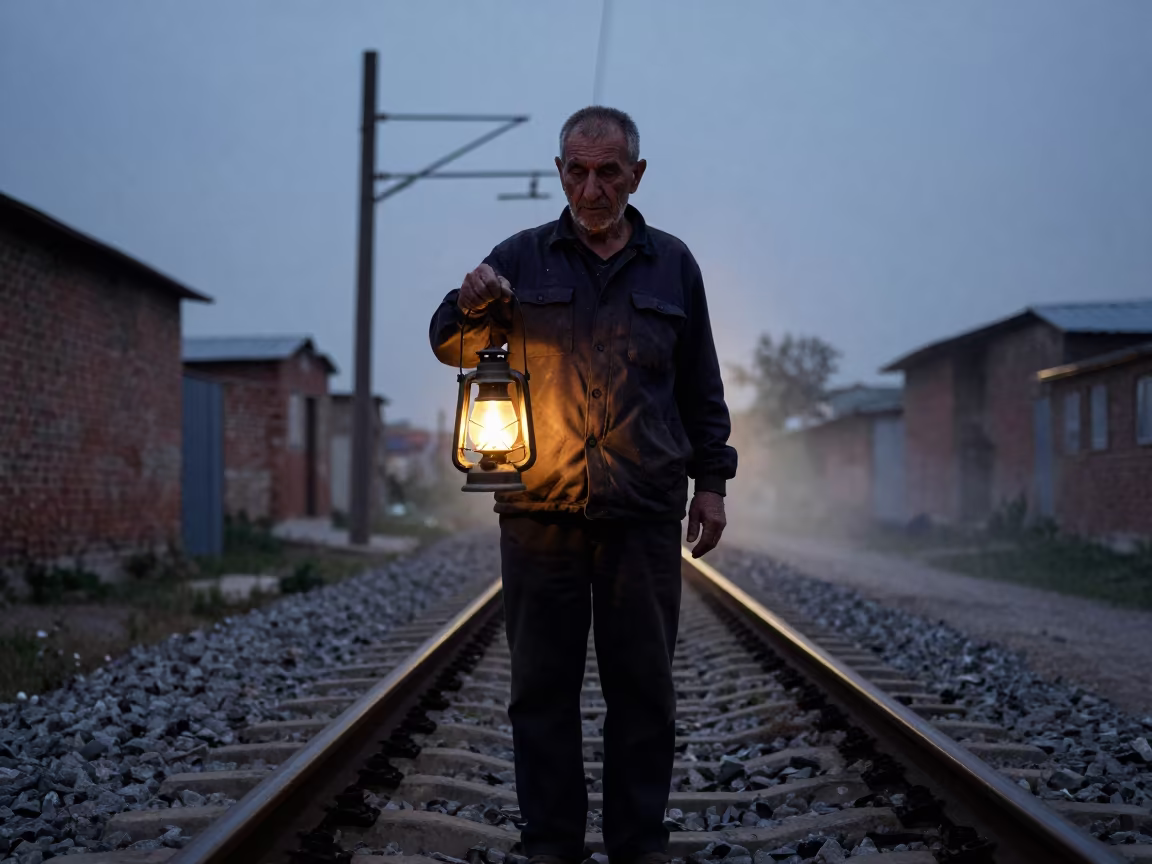 Silhouetted Switchman in Malatya Evening Fog in in Malatya