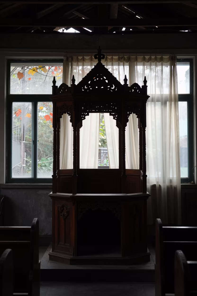 Silhouetted Synagogue Bimah in Autumn Light in inside a synagogue sanctuary in Wenzhou