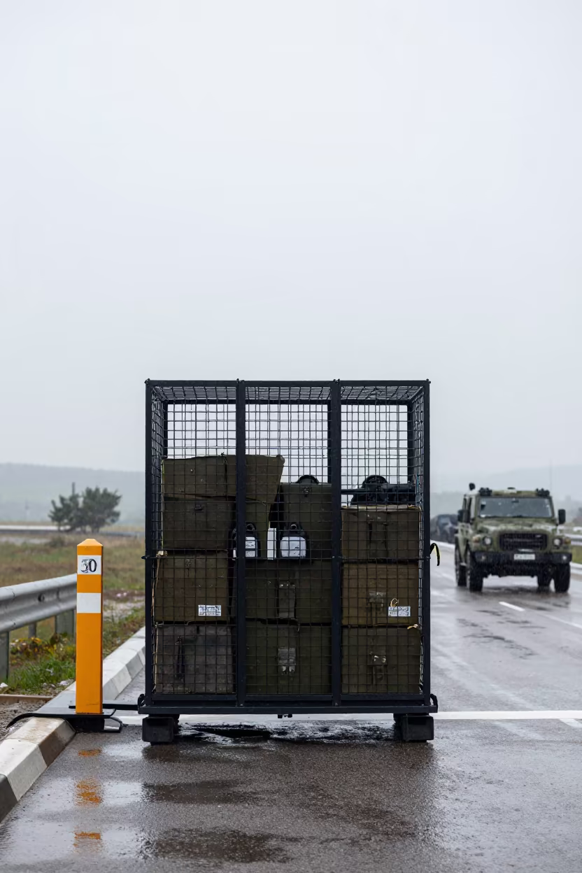 Silhouetted TA 50 Cage Rain North Macedonia in at a checkpoint lane in North Macedonia