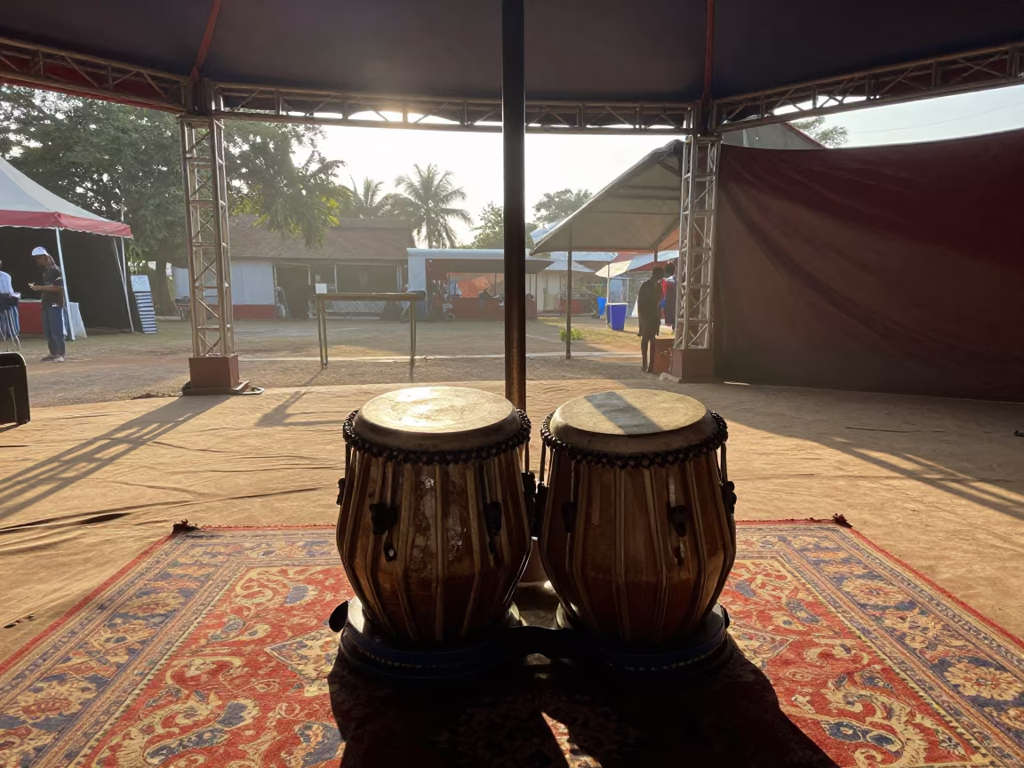 Silhouetted Tabla Drums Under Circus Tent in under a circus tent in Tonle Bassac, Phnom Penh