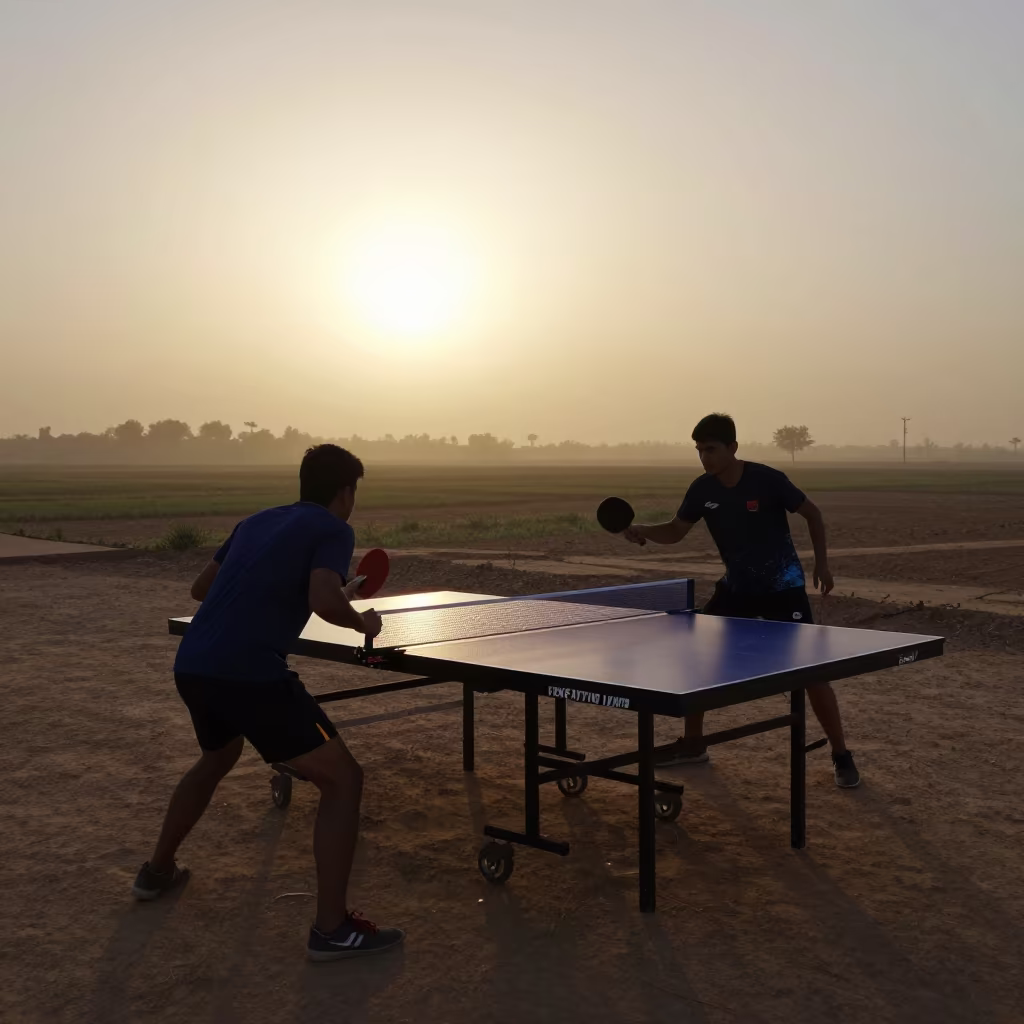 Silhouetted Table Tennis Rally at Sunset in Aswan Mist in near open fields near Aswan