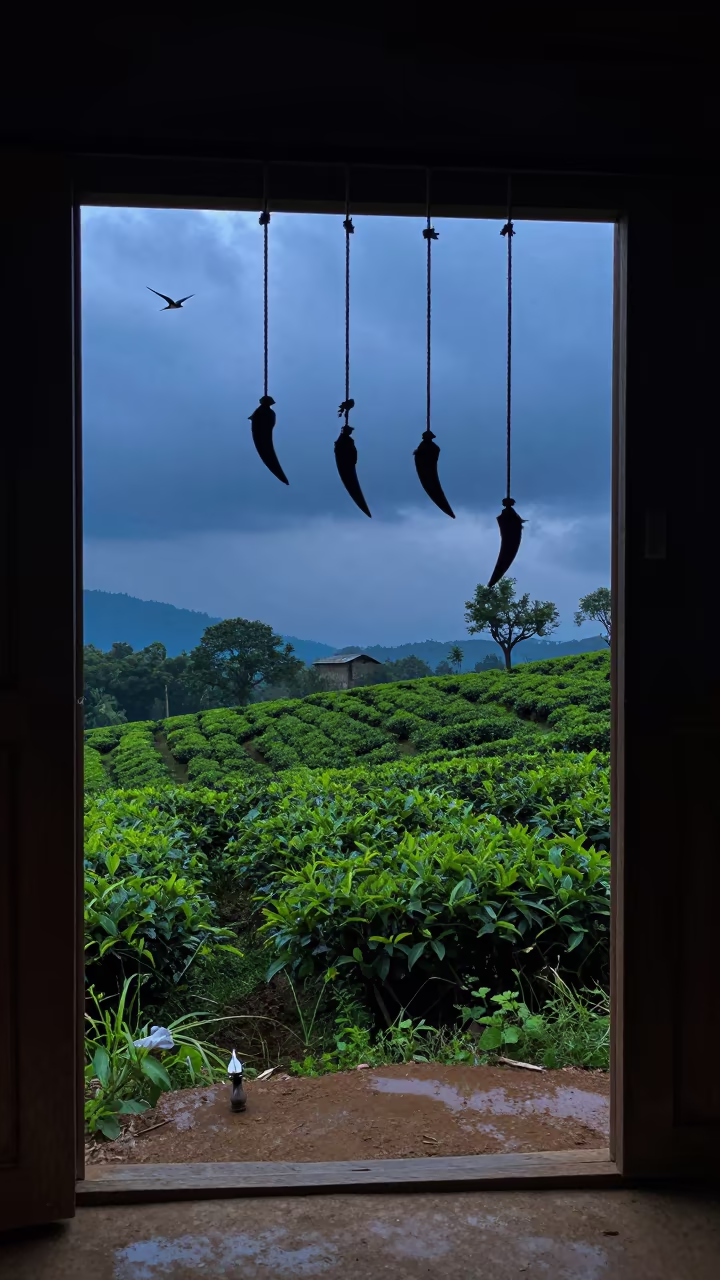 Silhouetted Tack in Open Barn Door at Tea Plantation in at the edge of a tea plantation in Surat