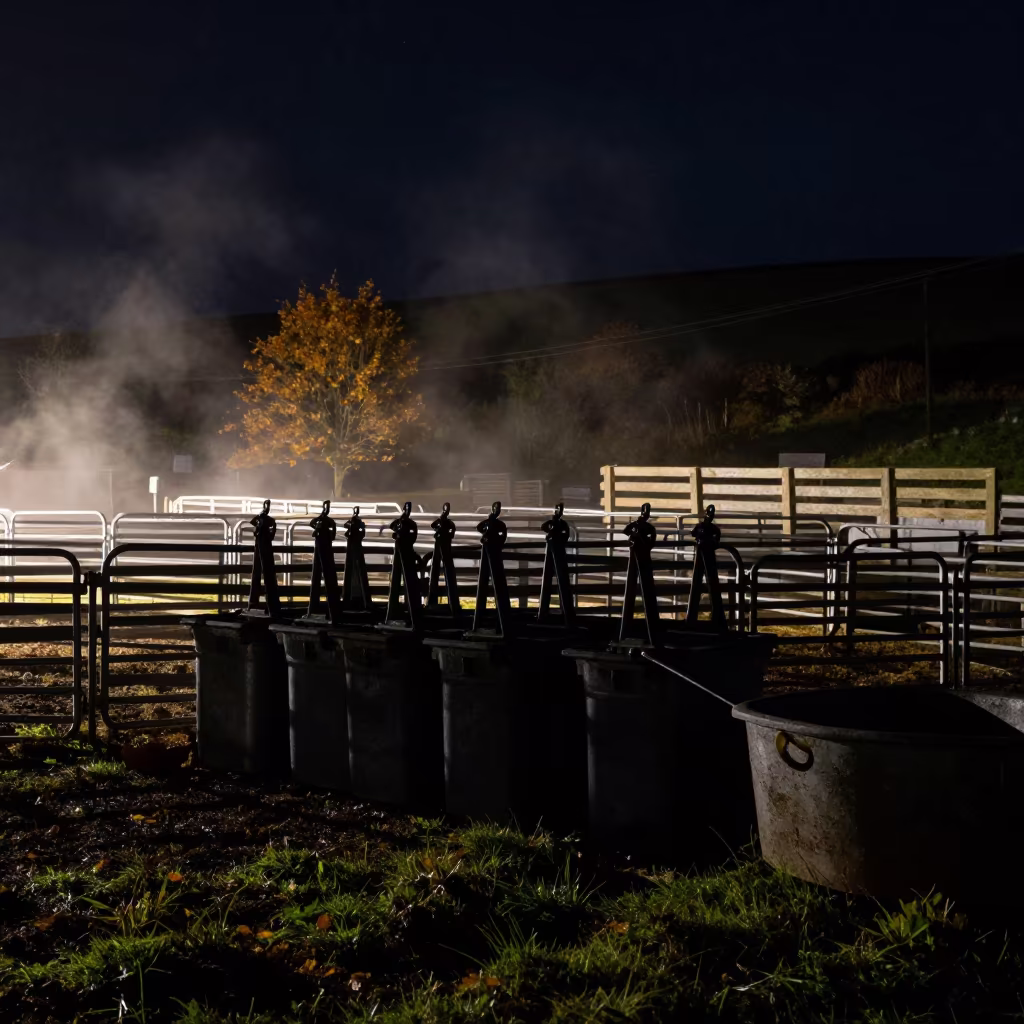 Silhouetted Tagging Bin Under Starlight in near a windbreak and water trough in Cornwall