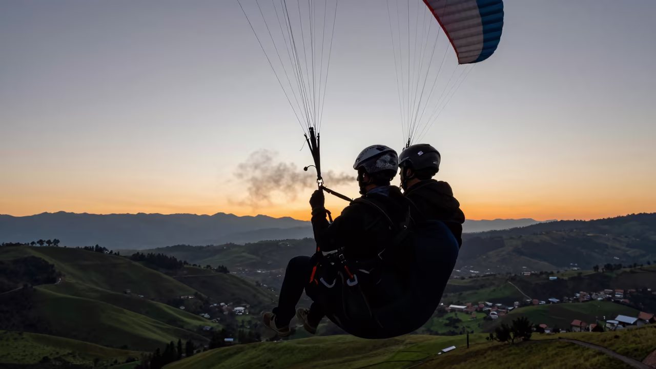 Silhouetted Tandem Paraglider Over Quito Valley in in a village lane near Quito