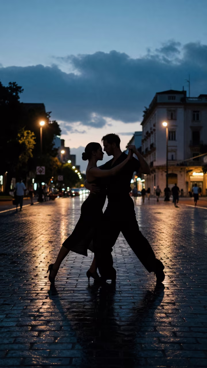 Silhouetted Tango Couple in Buenos Aires Blue Hour in at a public square in Buenos Aires