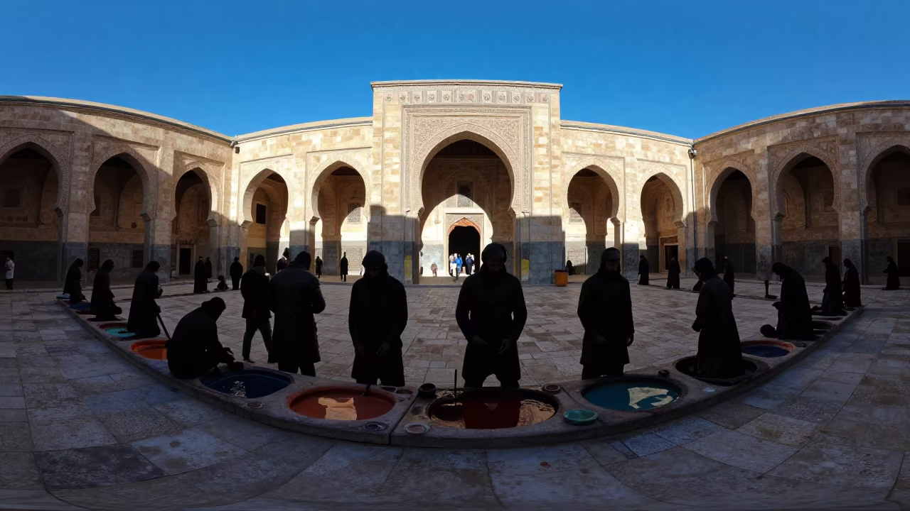 Silhouetted Tanners in Fez Prayer Hall Evening in in a prayer hall in Fez