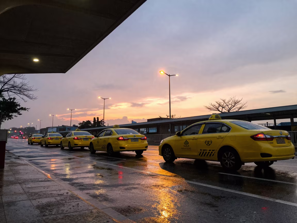 Silhouetted Taxis at Taichung Ferry Station Rain in across a remote ferry crossing near Taichung