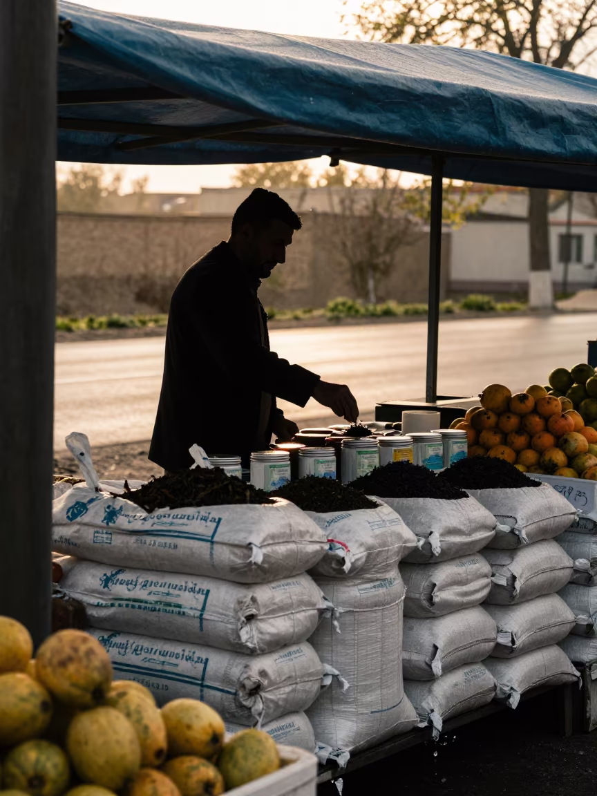 Silhouetted Tea Hawker in Late Spring Drizzle in at a roadside fruit stand in Kokshetau