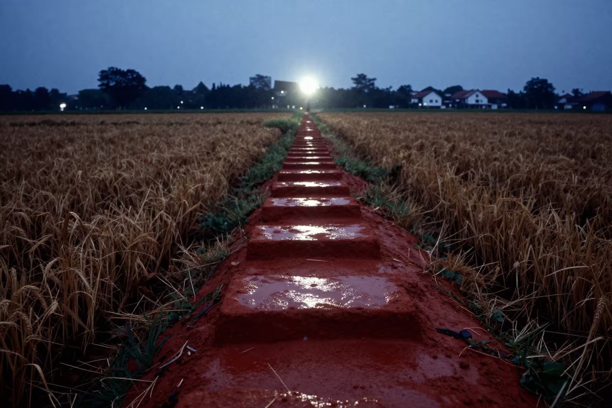 Silhouetted Tea Path on Red Clay After Rain in across a harvested grain field in Kota Tua, Jakarta