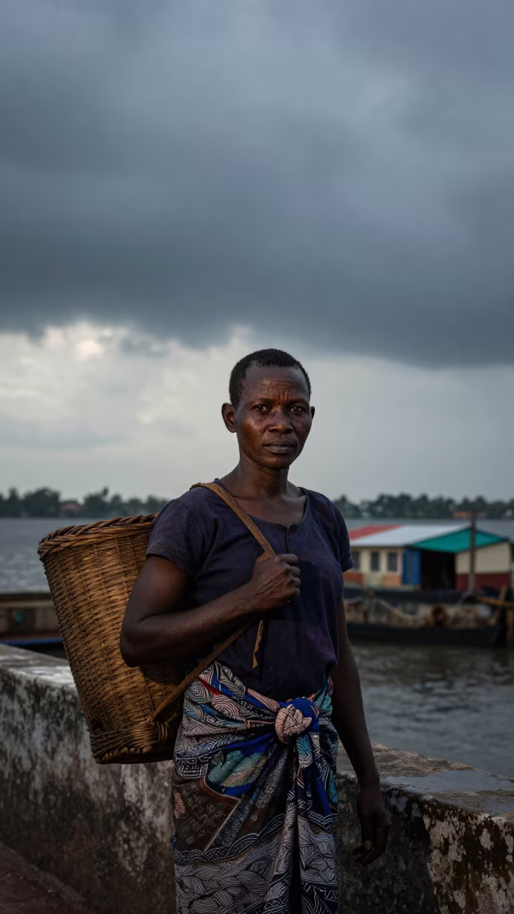 Silhouetted Tea Picker at Douala Harbor Wall in beside a harbor wall near Douala