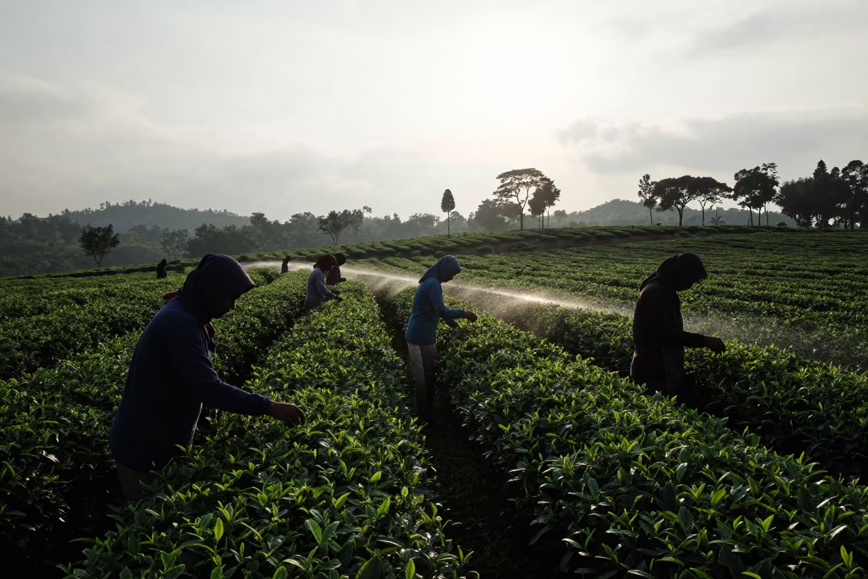 Silhouetted Tea Pickers in Kuala Lumpur Plantation in at the edge of a tea plantation in Kuala Lumpur