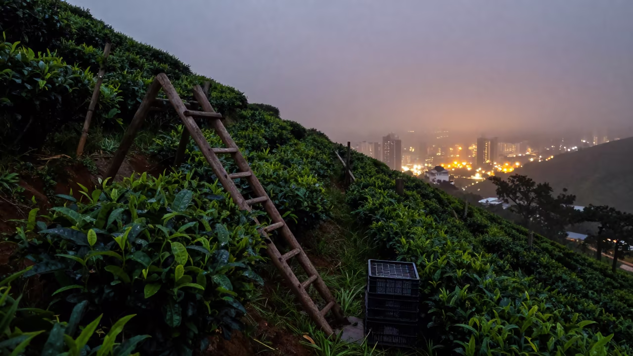 Silhouetted Tea Plantation Hillside After Rain in among orchard ladders and crates in Brazil