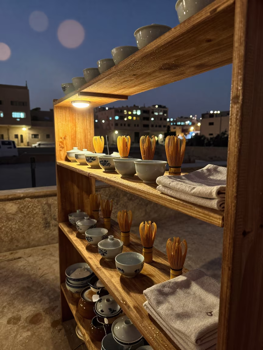 Silhouetted Tea Shelf in Deir ez-Zor Hall in in a ceremonial hall in Deir ez-Zor