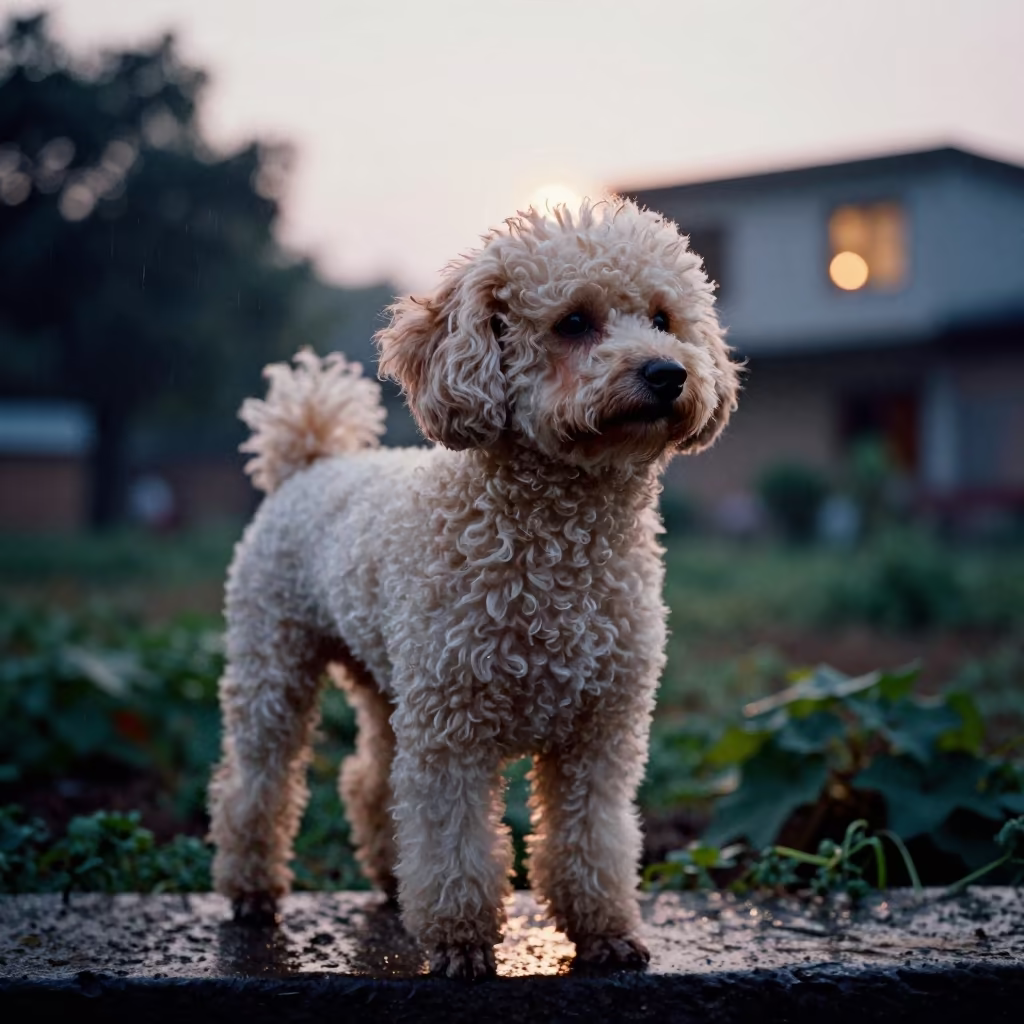 Silhouetted Teacup Poodle at Garden Edge in near a garden edge with soft morning light and an uncluttered background in Aligarh