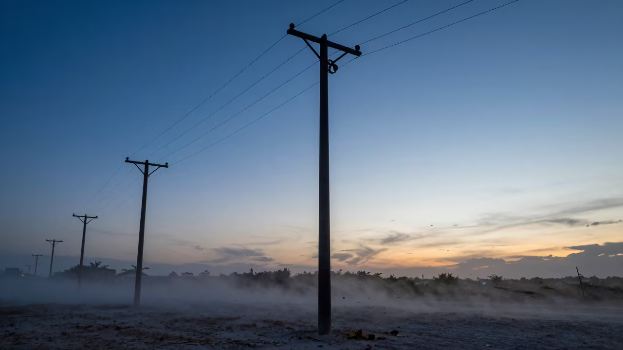 Silhouetted Telegraph Poles Against Dusty Sunset Twilight in near Playa del Carmen