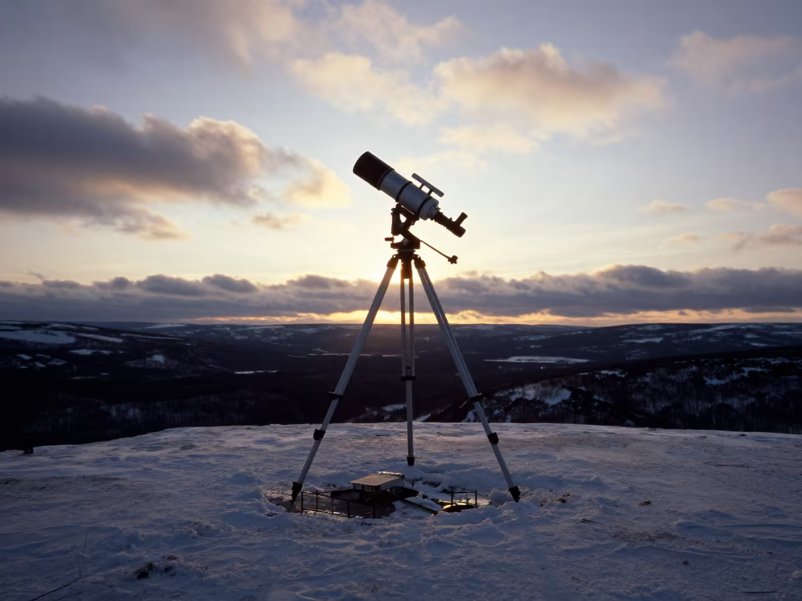 Silhouetted Telescope Tripod in Russian Polar Night in on a wind-scoured research platform in Russia