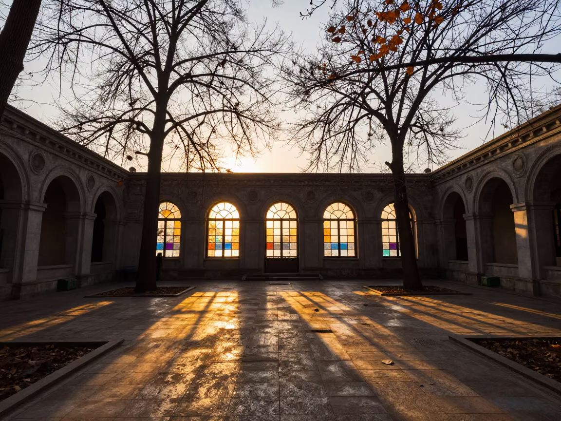 Silhouetted Temple Courtyard Golden Hour Dalian in in a cloister garden in Dalian
