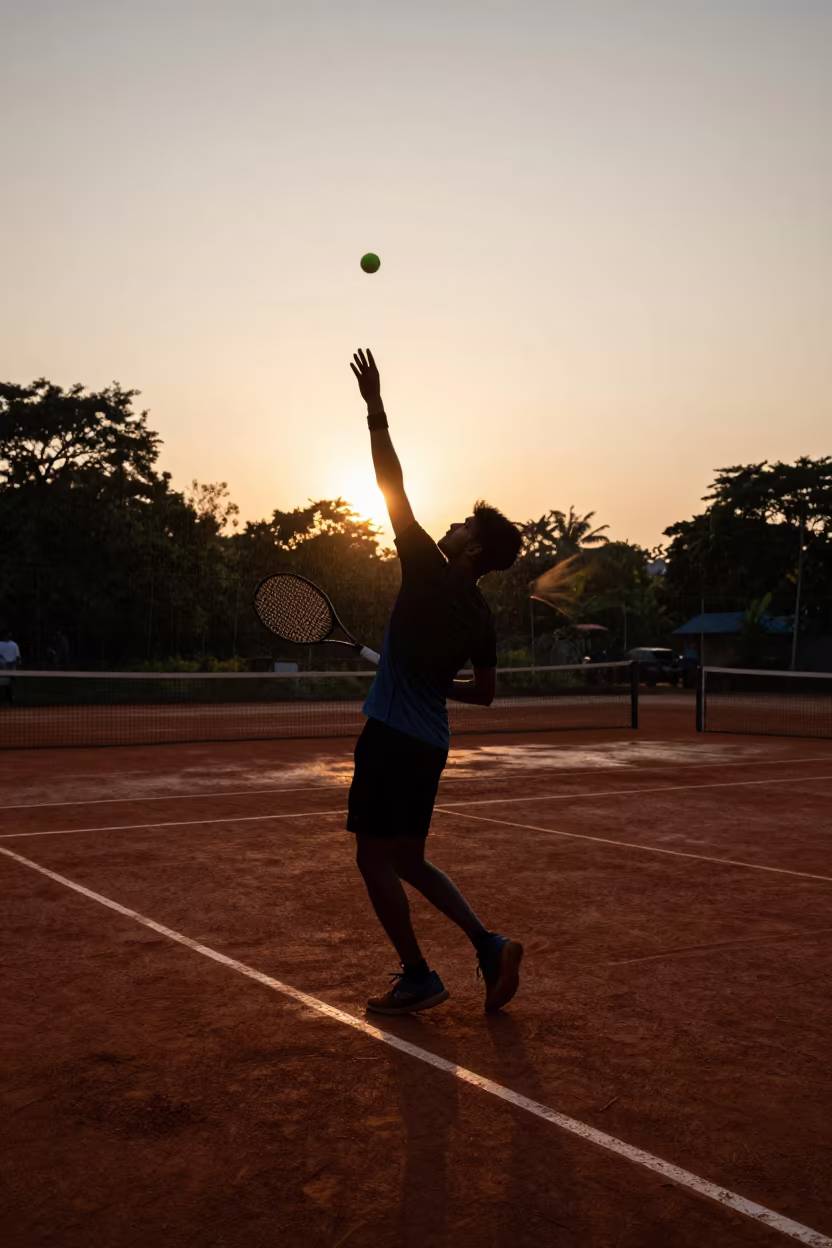 Silhouetted Tennis Serve on Wet Clay Court in at a roadside stop near Tirunelveli