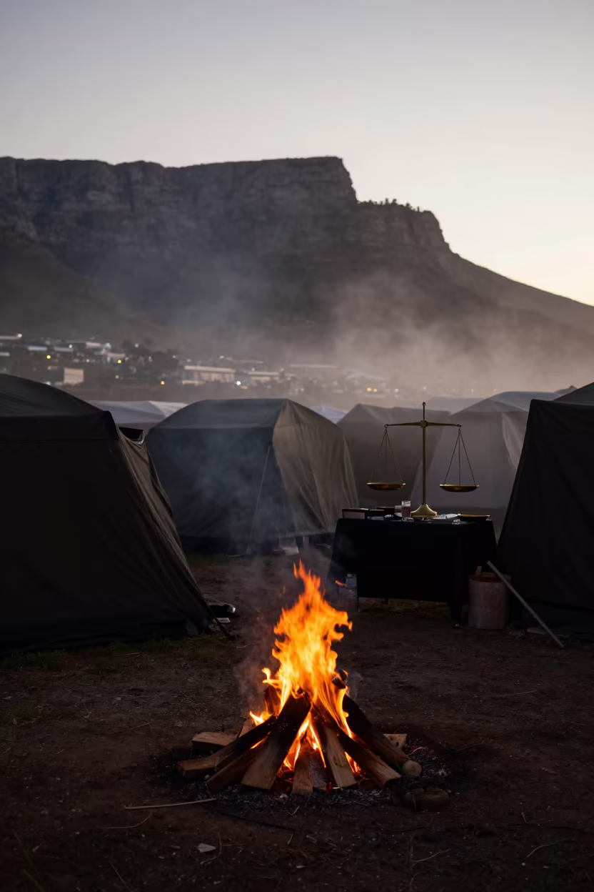 Silhouetted Tents Ringed by Campfire Light in inside a jeweler's stall with brass scales and trays near Cape Town