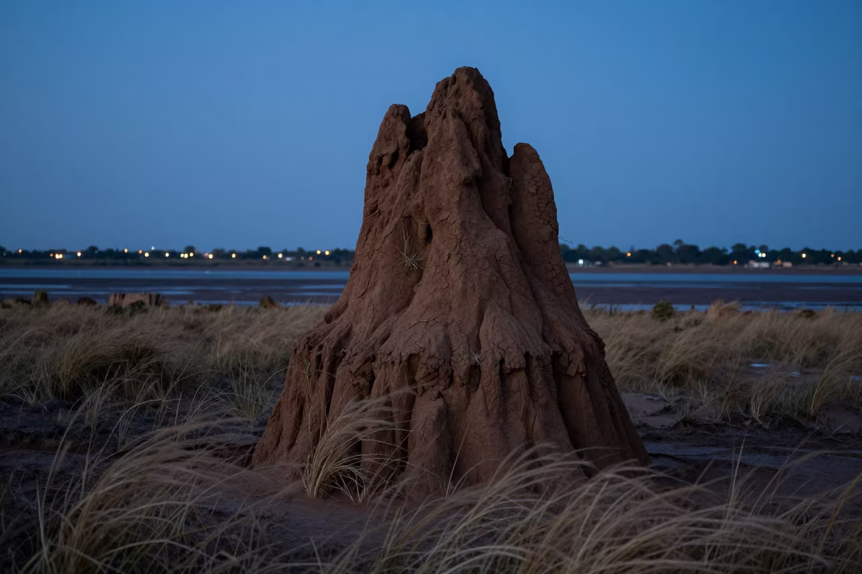 Silhouetted Termite Mound Gambia Tidal Inlet in beside a tidal inlet in Gambia