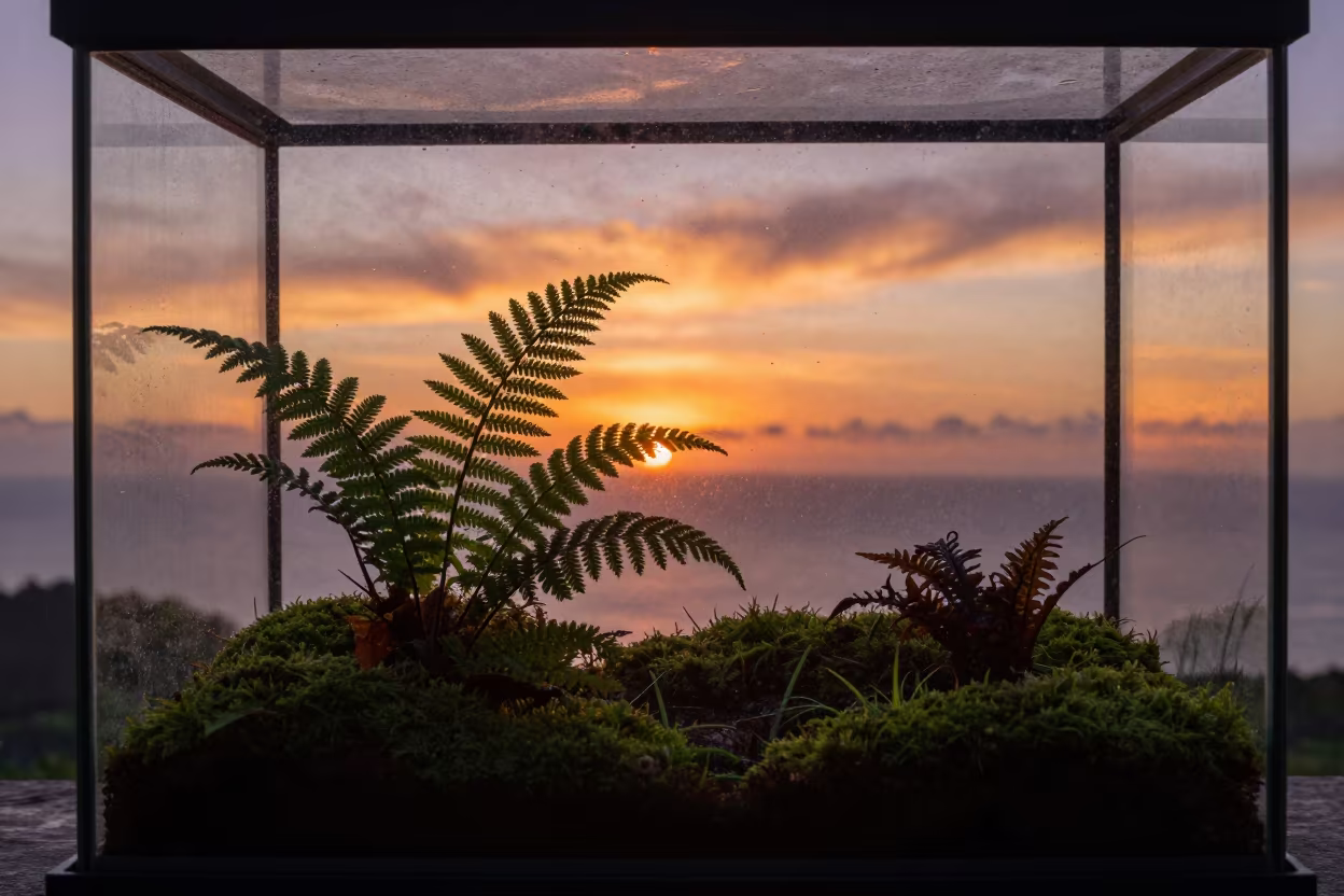 Silhouetted Terrarium with Ferns at Sulawesi Sunset in in Sulawesi