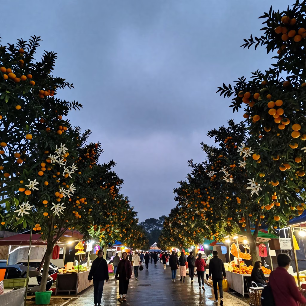 Silhouetted Tet Kumquat Trees at Turmero Night Market in at a night market in Turmero