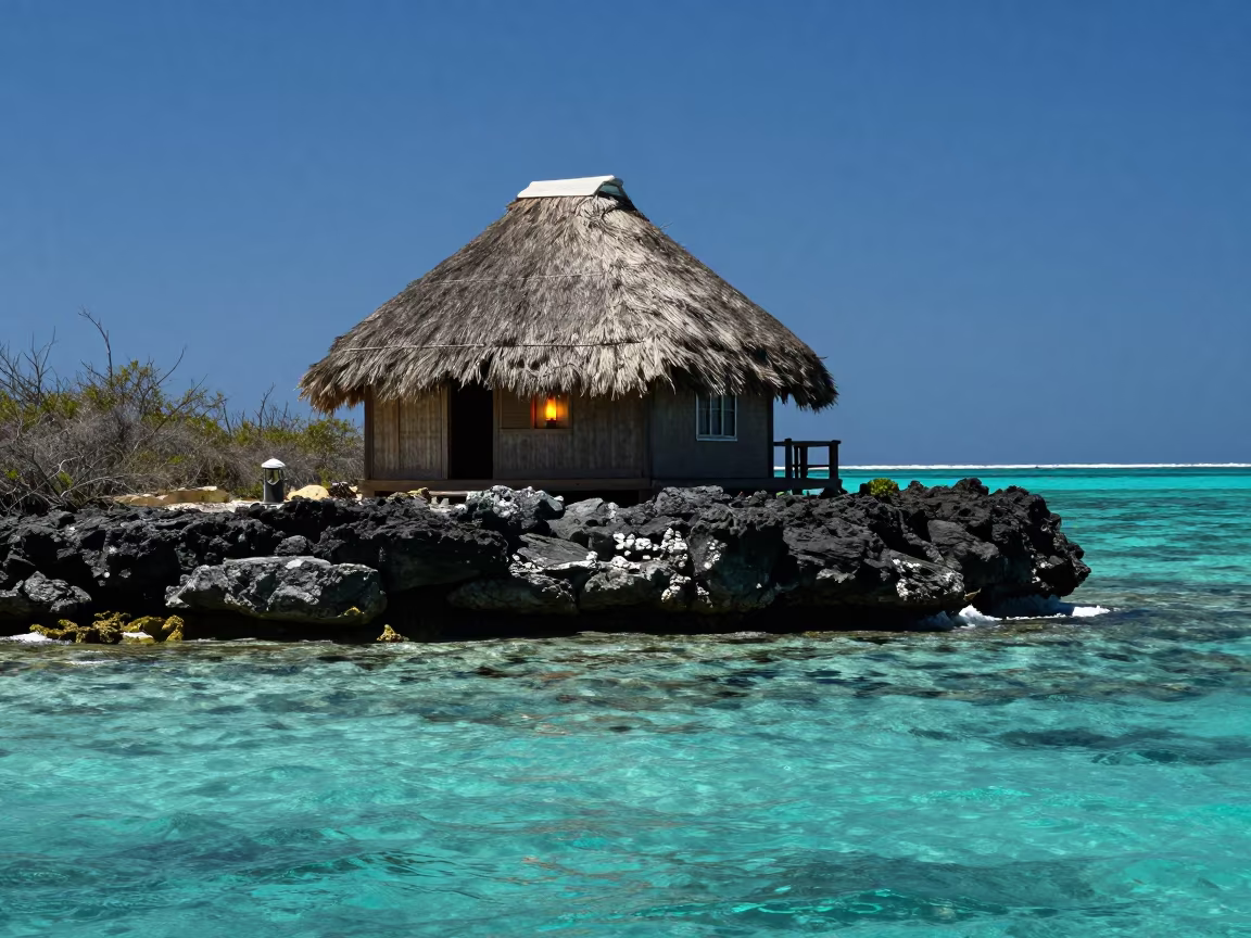 Silhouetted Thatched Hut Lantern Over Pacific Lagoon in above a coral atoll lagoon beyond the outer reef near Nuku'alofa