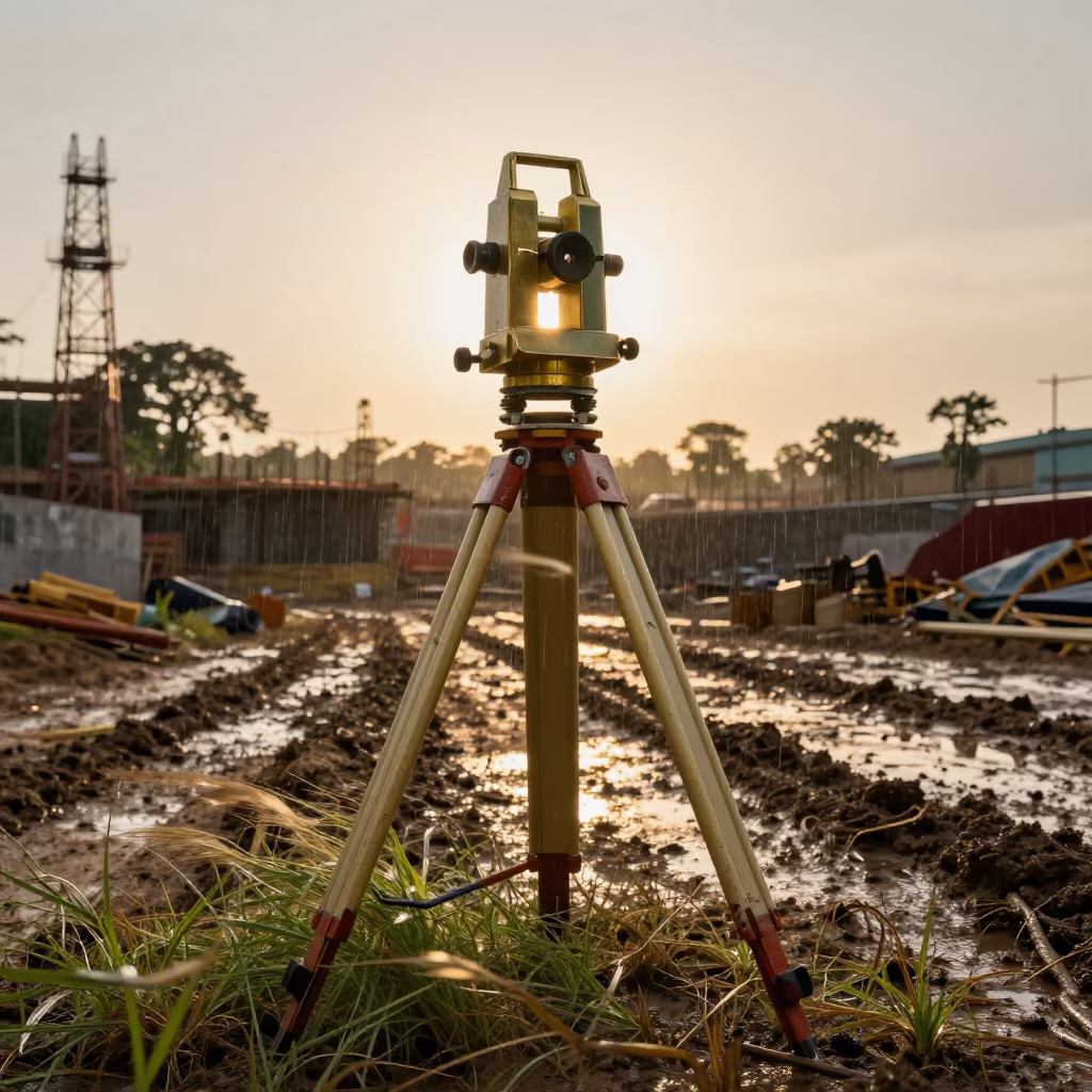 Silhouetted Theodolite on Muddy Lusaka Road in at a muddy site access road near Lusaka