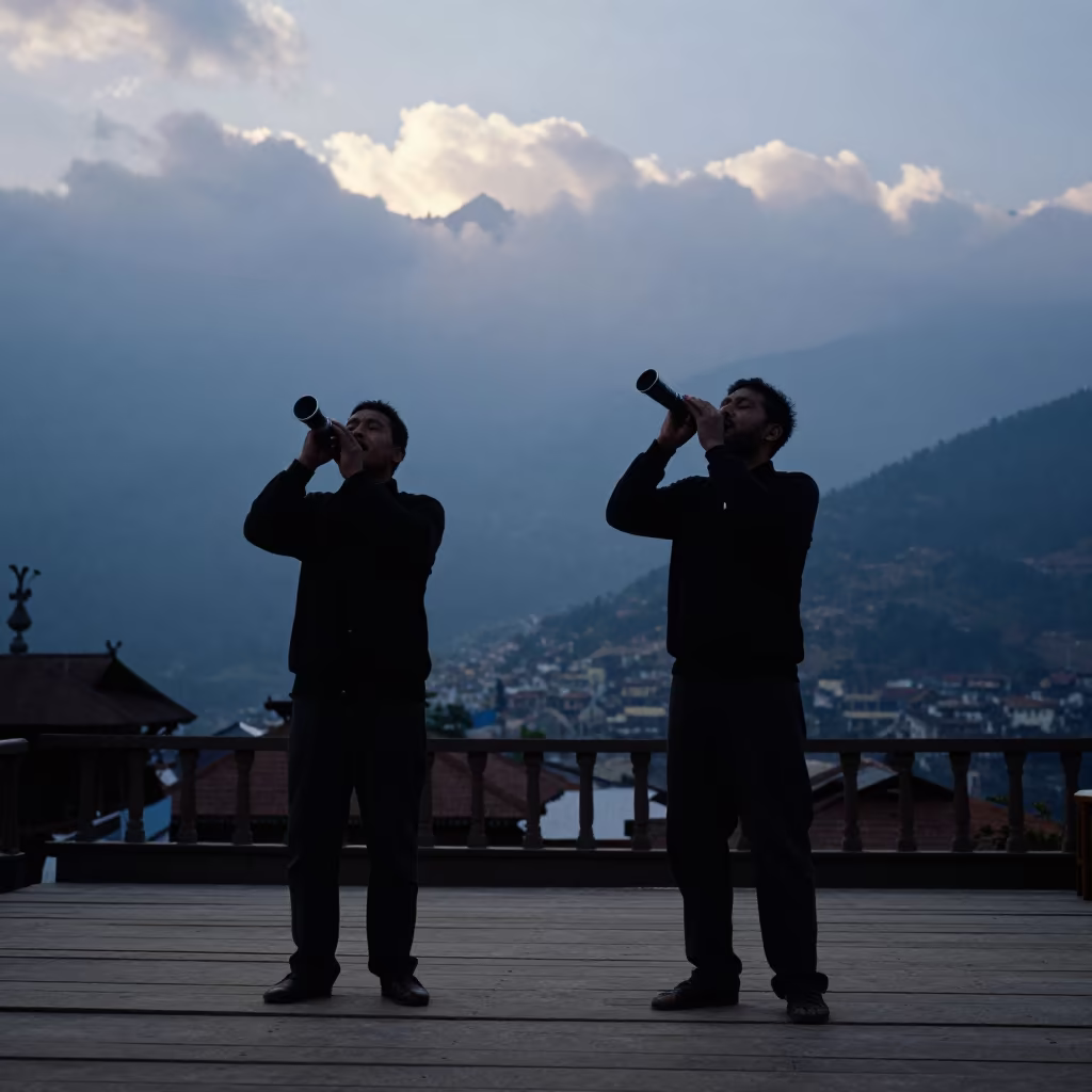 Silhouetted Throat Singers on Pokhara Stage in on a dimly lit stage in Pokhara