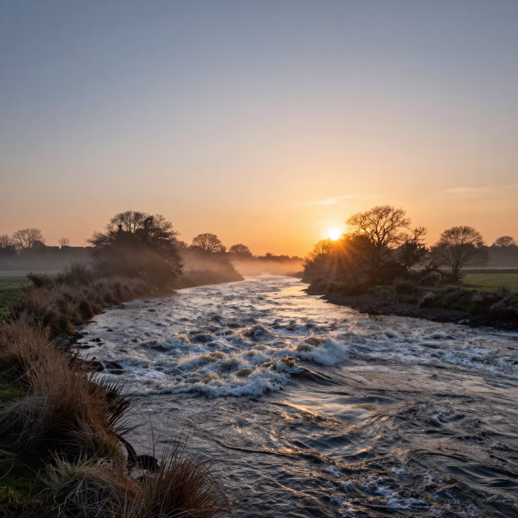 Silhouetted Tidal Bore Wave Yorkshire Golden Hour in across a wide valley floor in Yorkshire