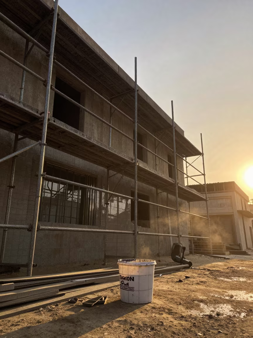 Silhouetted Tile Spacer Bucket on Scaffolded Facade in along a scaffolded facade in Medina