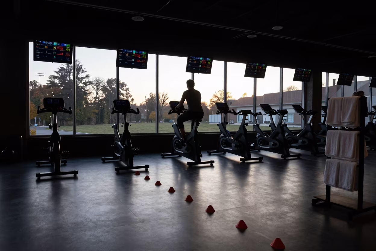 Silhouetted Timing Station in Nashville Spin Studio in inside a spin studio under class lights near Nashville