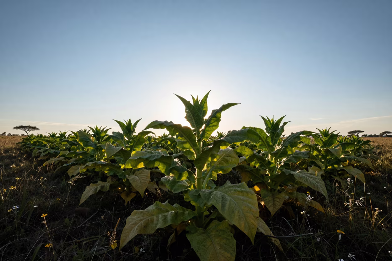 Silhouetted Tobacco Leaves in Serengeti Meadow in in a bloom-heavy meadow in the Serengeti