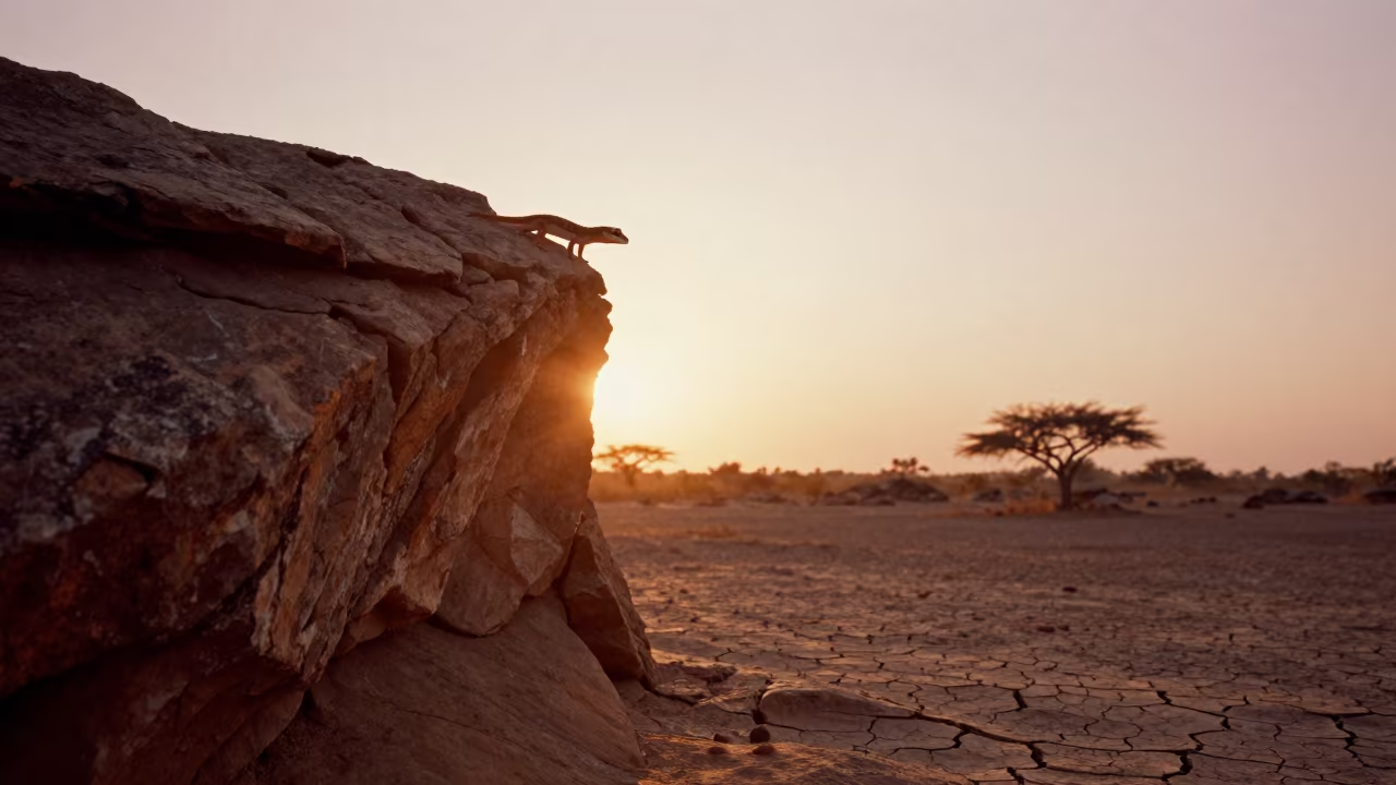 Silhouetted Tokay Gecko on Burkina Faso Ridge in on a wind-scoured ridge in Burkina Faso