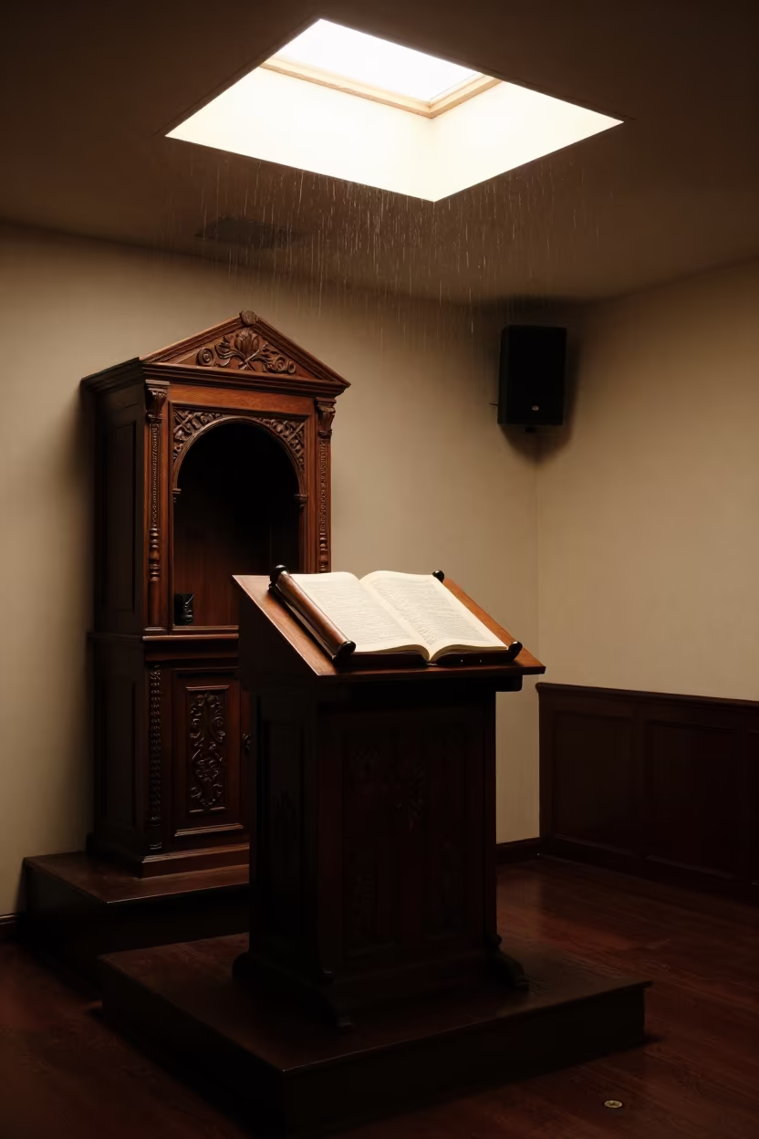 Silhouetted Torah Scroll on Bimah in Shanghai Synagogue in beside a carved Torah ark in Moganshan Road, Shanghai