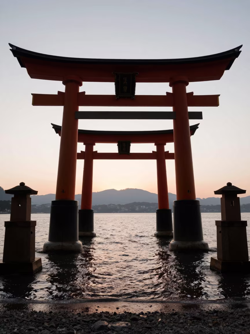 Silhouetted Torii Gate in Tokyo Evening Water in inside a skylit passageway in Tokyo