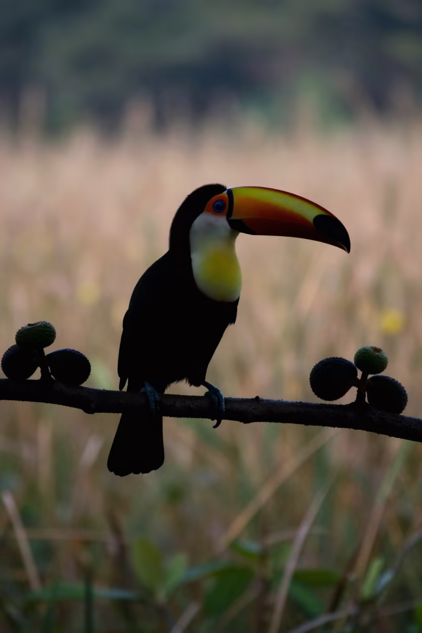Silhouetted Toucan in Night Shadow Rim Light in at the edge of a reed bed near Sri Hartamas, Kuala Lumpur