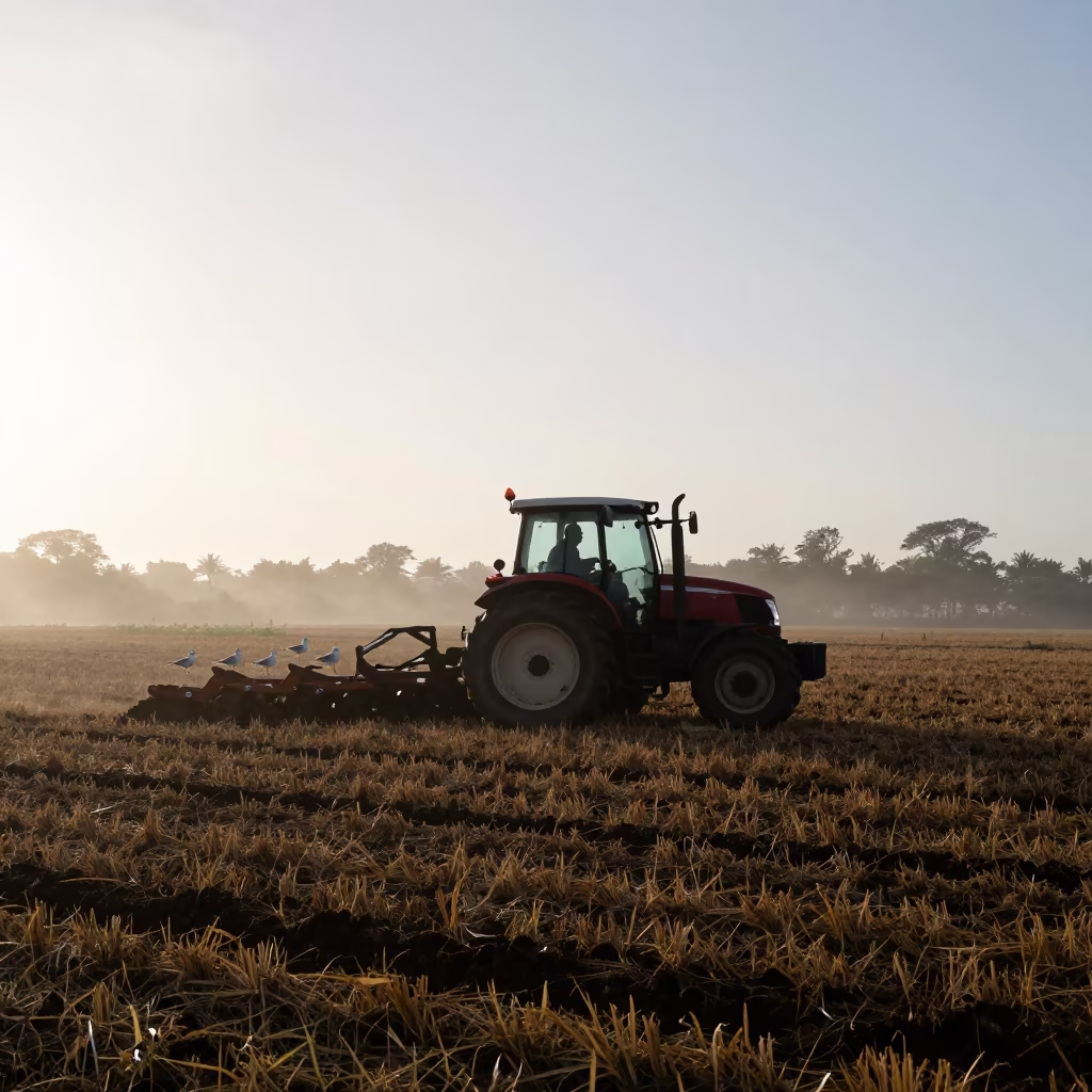Silhouetted Tractor Plowing Field Before Dawn in Barbados in across a harvested grain field in Barbados