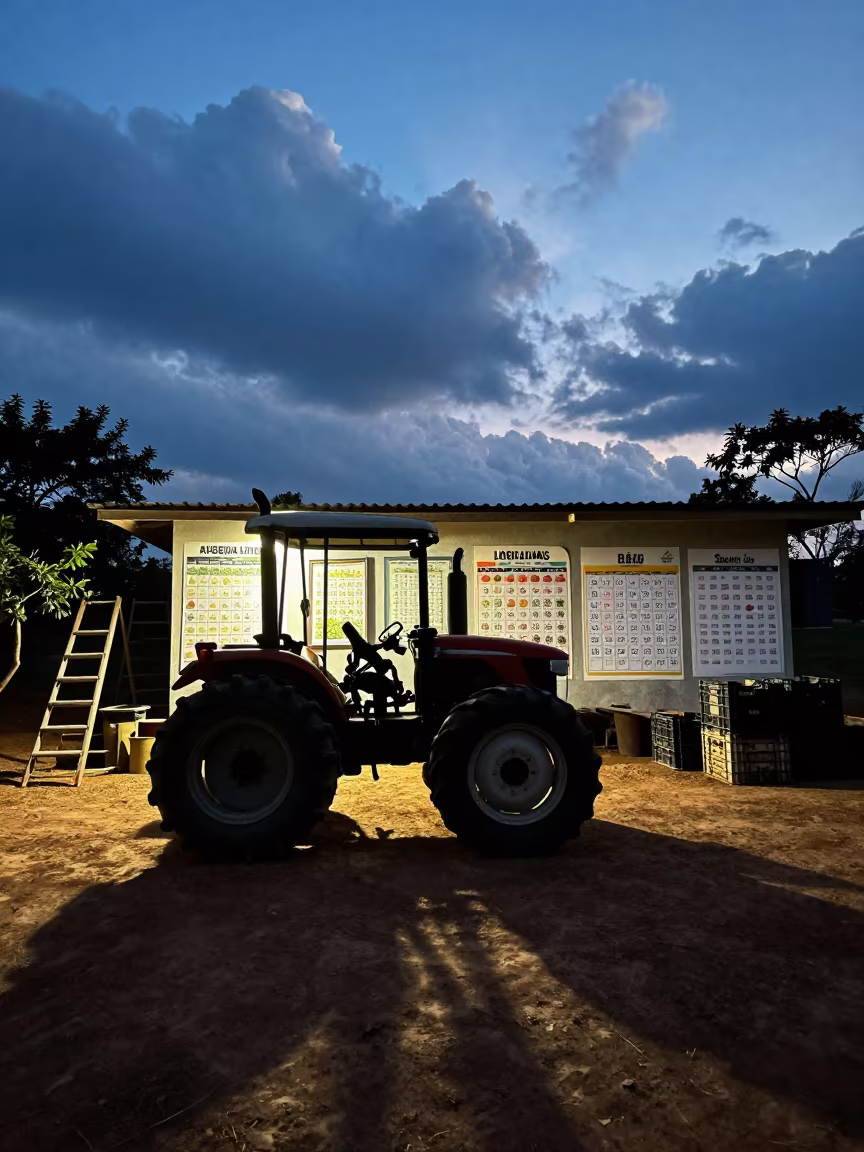 Silhouetted Tractor Tires in Liberian Orchard Workshop in among orchard ladders and crates in Liberia